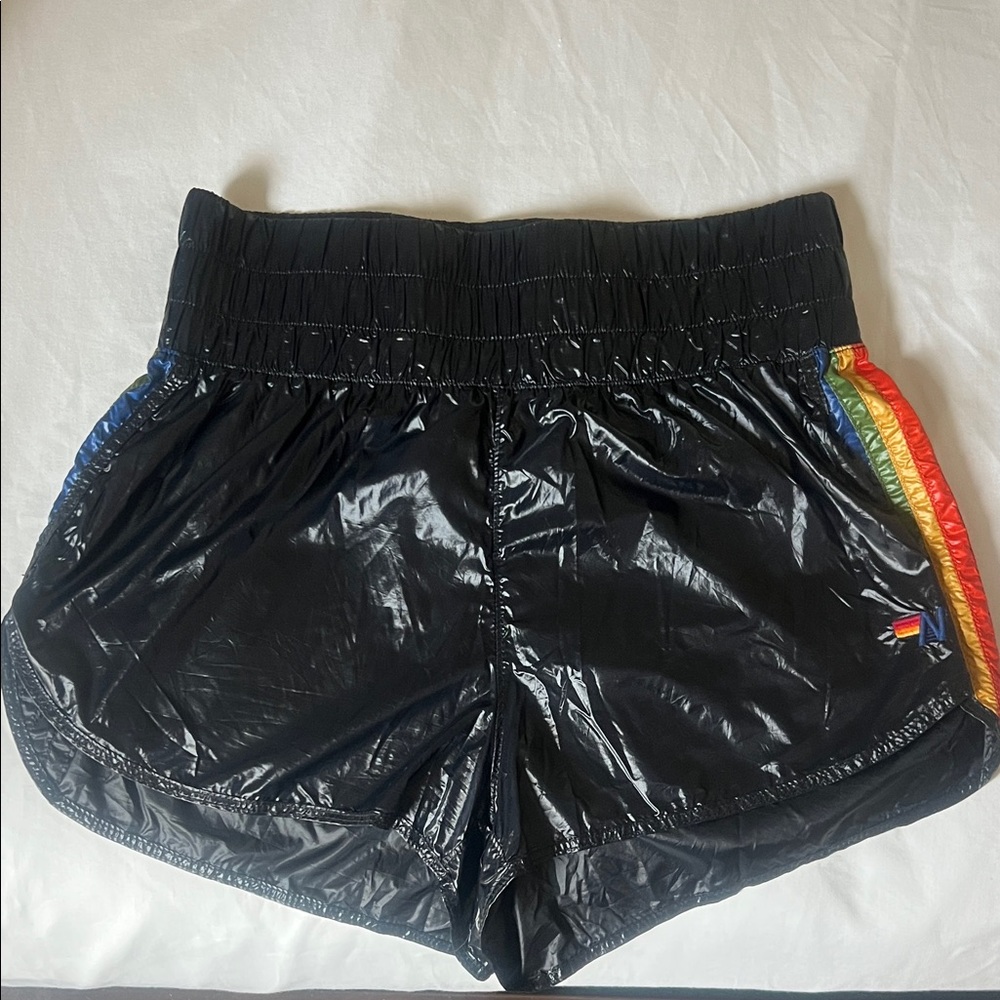 Aviator Nation Black Athletic Shorts with Rainbow Stripes